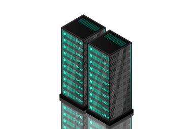 Ana bilgisayar, güçlü sunucu, yüksek teknoloji konsepti, veri merkezi, bulut veri depolama izometrik vektör çizimi