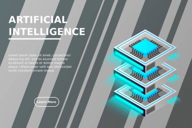 Kuantum bilgisayarı, büyük veri işleme, sunucu odası, yapay zeka, veri tabanı konsepti, mikroişlemci izometrik vektörü