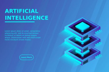 Kuantum bilgisayarı, büyük veri işleme, sunucu odası, yapay zeka, veri tabanı konsepti, mikroişlemci izometrik vektörü