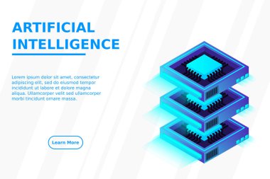 Kuantum bilgisayarı, büyük veri işleme, sunucu odası, yapay zeka, veri tabanı konsepti, mikroişlemci izometrik vektörü