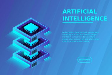 Kuantum bilgisayarı, büyük veri işleme, sunucu odası, yapay zeka, veri tabanı konsepti, mikroişlemci izometrik vektörü