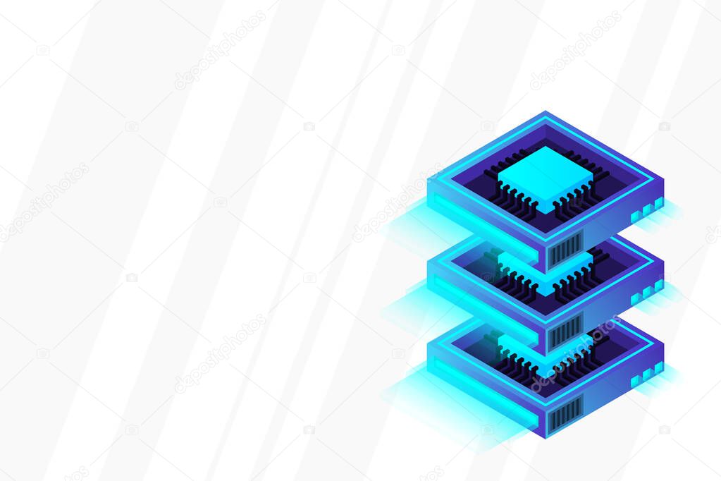 Quantum computer, large data processing, server room, artificial intelligence, data base concept, the microprocessor isometric vector