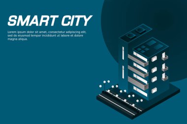 Akıllı şehir ya da akıllı bina izometrik vektör konsepti. Modern akıllı şehir planlama ve geliştirme altyapı binaları. Gradyan arkaplan üzerinde yaratıcı vektör çizimi.