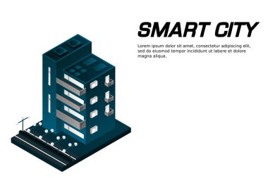 Akıllı şehir ya da akıllı bina izometrik vektör konsepti. Modern akıllı şehir planlama ve geliştirme altyapı binaları. Gradyan arkaplan üzerinde yaratıcı vektör çizimi.