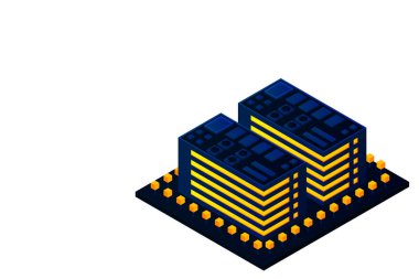 Akıllı şehir ya da akıllı bina izometrik vektör konsepti. Modern akıllı şehir planlama ve geliştirme altyapı binaları. Gradyan arkaplan üzerinde yaratıcı vektör çizimi.