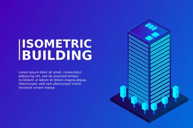 Akıllı şehir ya da akıllı bina izometrik vektör konsepti. Modern akıllı şehir planlama ve geliştirme altyapı binaları. Gradyan arkaplan üzerinde yaratıcı vektör çizimi.