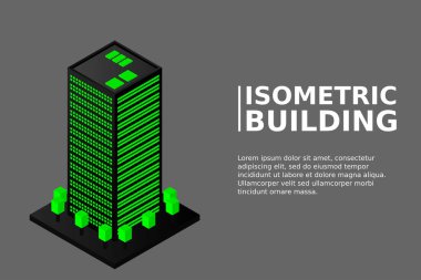 Akıllı şehir ya da akıllı bina izometrik vektör konsepti. Modern akıllı şehir planlama ve geliştirme altyapı binaları. Gradyan arkaplan üzerinde yaratıcı vektör çizimi.