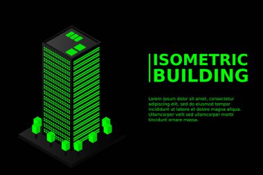 Akıllı şehir ya da akıllı bina izometrik vektör konsepti. Modern akıllı şehir planlama ve geliştirme altyapı binaları. Gradyan arkaplan üzerinde yaratıcı vektör çizimi.