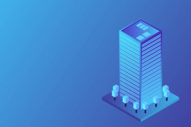 Akıllı şehir ya da akıllı bina izometrik vektör konsepti. Modern akıllı şehir planlama ve geliştirme altyapı binaları. Gradyan arkaplan üzerinde yaratıcı vektör çizimi.