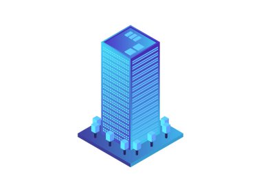 Akıllı şehir ya da akıllı bina izometrik vektör konsepti. Modern akıllı şehir planlama ve geliştirme altyapı binaları. Gradyan arkaplan üzerinde yaratıcı vektör çizimi.