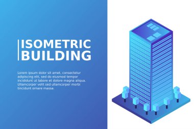 Akıllı şehir ya da akıllı bina izometrik vektör konsepti. Modern akıllı şehir planlama ve geliştirme altyapı binaları. Gradyan arkaplan üzerinde yaratıcı vektör çizimi.