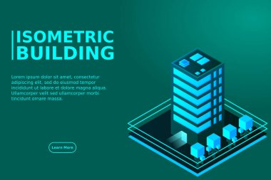 Akıllı şehir ya da akıllı bina izometrik vektör konsepti. Modern akıllı şehir planlama ve geliştirme altyapı binaları. Gradyan arkaplan üzerinde yaratıcı vektör çizimi.