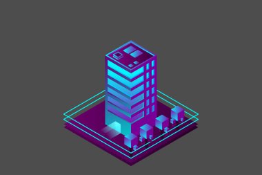 Akıllı şehir ya da akıllı bina izometrik vektör konsepti. Modern akıllı şehir planlama ve geliştirme altyapı binaları. Gradyan arkaplan üzerinde yaratıcı vektör çizimi.