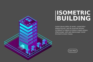 Akıllı şehir ya da akıllı bina izometrik vektör konsepti. Modern akıllı şehir planlama ve geliştirme altyapı binaları. Gradyan arkaplan üzerinde yaratıcı vektör çizimi.
