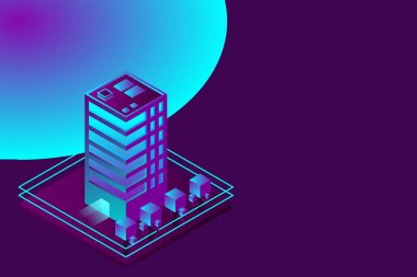 Akıllı şehir ya da akıllı bina izometrik vektör konsepti. Modern akıllı şehir planlama ve geliştirme altyapı binaları. Gradyan arkaplan üzerinde yaratıcı vektör çizimi.