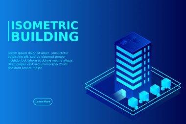 Akıllı şehir ya da akıllı bina izometrik vektör konsepti. Modern akıllı şehir planlama ve geliştirme altyapı binaları. Gradyan arkaplan üzerinde yaratıcı vektör çizimi.