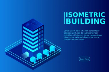 Akıllı şehir ya da akıllı bina izometrik vektör konsepti. Modern akıllı şehir planlama ve geliştirme altyapı binaları. Gradyan arkaplan üzerinde yaratıcı vektör çizimi.