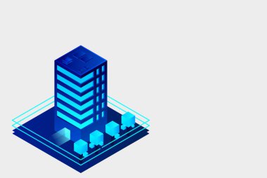 Akıllı şehir ya da akıllı bina izometrik vektör konsepti. Modern akıllı şehir planlama ve geliştirme altyapı binaları. Gradyan arkaplan üzerinde yaratıcı vektör çizimi.