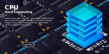 Yüksek teknolojili elektronik PCB işlemci, mikroçip ve parlayan dijital elektronik sinyalli devre kartı. Entegre devredeki işlemci. Enerji hatları neon. 3d illüstrasyon