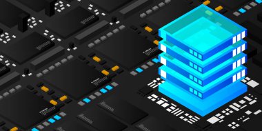 Yüksek teknolojili elektronik PCB işlemci, mikroçip ve parlayan dijital elektronik sinyalli devre kartı. Entegre devredeki işlemci. Enerji hatları neon. 3d illüstrasyon