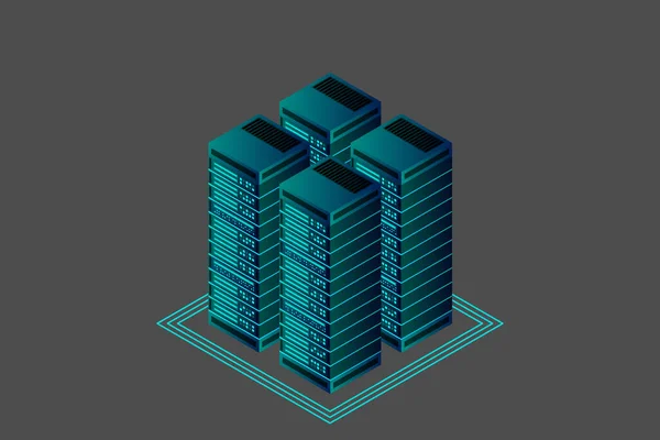 Sala Servidores Isométrica Datos Almacenamiento Nube Centro Datos Procesamiento Macrodatos — Vector de stock