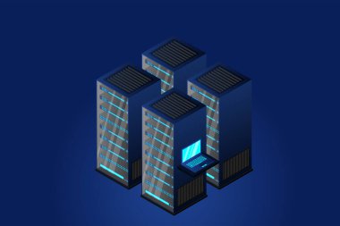 Sunucu odası izometrik, bulut depolama verisi, veri merkezi, büyük veri işleme ve bilgisayar teknolojisi. Vektör illüstrasyonu