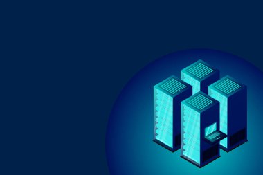 Sunucu odası izometrik, bulut depolama verisi, veri merkezi, büyük veri işleme ve bilgisayar teknolojisi. Vektör illüstrasyonu