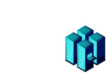 Sunucu odası izometrik, bulut depolama verisi, veri merkezi, büyük veri işleme ve bilgisayar teknolojisi. Vektör illüstrasyonu