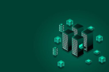 Data center, cloud database, Concept of big data processing center, hosting server or data center room concept. vector illustration