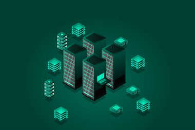 Data center, cloud database, Concept of big data processing center, hosting server or data center room concept. vector illustration