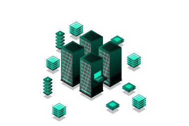 Data center, cloud database, Concept of big data processing center, hosting server or data center room concept. vector illustration