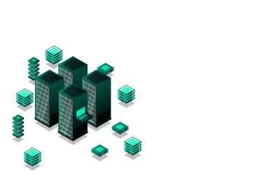 Data center, cloud database, Concept of big data processing center, hosting server or data center room concept. vector illustration