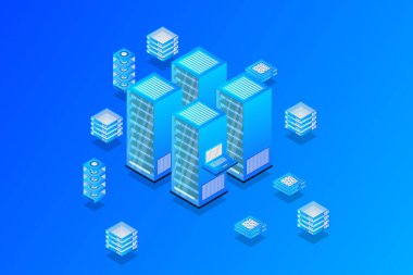 Data center, cloud database, Concept of big data processing center, hosting server or data center room concept. vector illustration