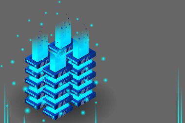 Sunucu odası izometrik vektörü, veri koruma ve işleme fütüristik teknolojisi, ağ ve web sunucu afişi, girdi veri akışı