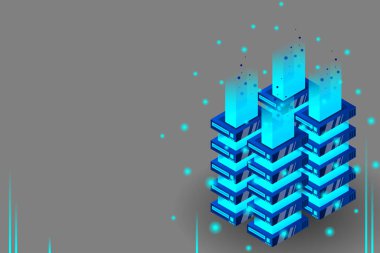 Sunucu odası izometrik vektörü, veri koruma ve işleme fütüristik teknolojisi, ağ ve web sunucu afişi, girdi veri akışı