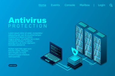 Virüs koruma vektörü çizimi. Antivirüs yazılımıyla bilgisayar koruması. İnternet güvenliği. Bilgisayarda siber saldırı. Isometric konsepti. Vektör illüstrasyonu