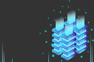 Sunucu odası izometrik vektörü, veri koruma ve işleme fütüristik teknolojisi, ağ ve web sunucu afişi, girdi veri akışı