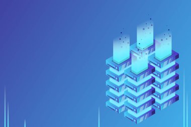 Sunucu odası izometrik vektörü, veri koruma ve işleme fütüristik teknolojisi, ağ ve web sunucu afişi, girdi veri akışı