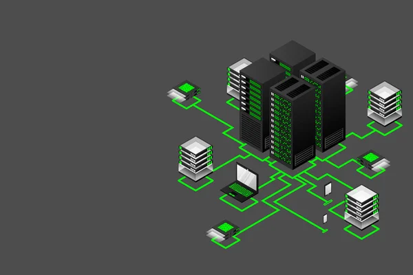 Concept Gestion Réseau Données Carte Isométrique Vectorielle Avec Serveurs Réseau — Image vectorielle