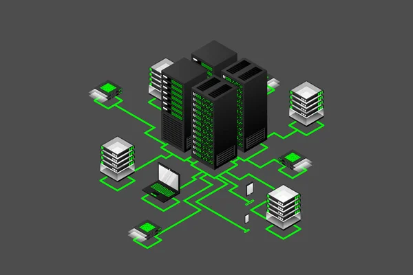 Concepto Gestión Red Datos Mapa Isométrico Vectorial Con Servidores Redes — Archivo Imágenes Vectoriales