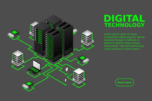 Conceito Gerenciamento Rede Dados Mapa Isométrico Vetorial Com Servidores Rede — Vetor de Stock