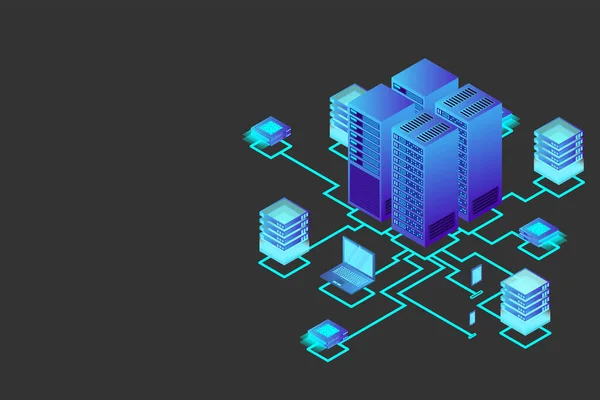 Konzept Des Datennetzwerkmanagements Vektor Isometrische Karte Mit Business Netzwerk Servern — Stockvektor