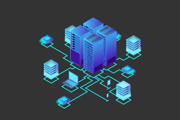 Concepto Gestión Red Datos Mapa Isométrico Vectorial Con Servidores Redes — Vector de stock