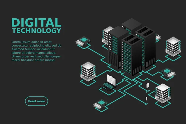 Conceito Gerenciamento Rede Dados Mapa Isométrico Vetorial Com Servidores Rede — Vetor de Stock