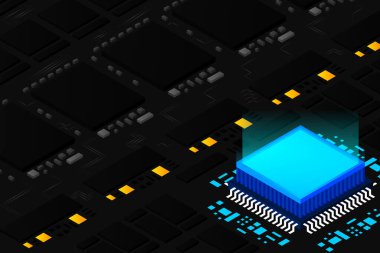 Yüksek teknolojili elektronik PCB işlemci, mikroçip ve parlayan dijital elektronik sinyalli devre kartı. Entegre devredeki işlemci. Enerji hatları neon. 3d illüstrasyon