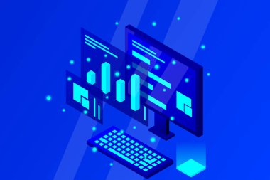 İzometrik vektör tasarımında veri analizi. Veri tabanında ya da veri merkezi oda arka planında teknisyen. Ağ ana bilgisayar altyapı web sitesi düzeni. Bilgisayar depolama ya da tarım çalışma istasyonu.