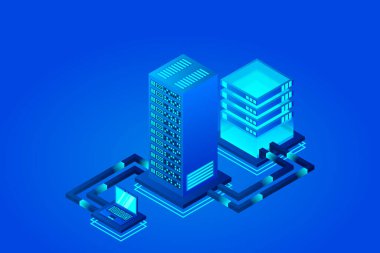 Kullanıcı verisinin sunucuya aktarımı. Veri aktarımı. Veri akışı. Veri deposu. Sunucu. Dijital uzay. Veri merkezi. Büyük Data. Teknoloji. Kavramsal çizim. İzometrik vektör illüstrasyonu.