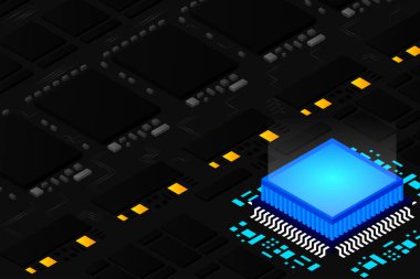 Yüksek teknolojili elektronik PCB işlemci, mikroçip ve parlayan dijital elektronik sinyalli devre kartı. Entegre devredeki işlemci. Enerji hatları neon. 3d illüstrasyon