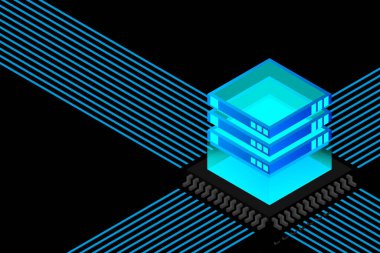 Yüksek teknolojili elektronik PCB işlemci, mikroçip ve parlayan dijital elektronik sinyalli devre kartı. Entegre devredeki işlemci. Enerji hatları neon. 3d illüstrasyon