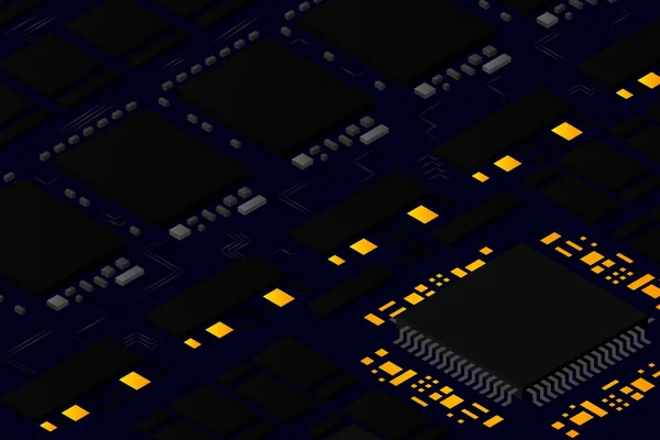 ハイテク電子Pcbプロセッサ マイクロチップ 光るデジタル電子信号とプリント回路基板 集積回路上のプロセッサ エネルギー線ネオン 3Dイラスト — ストックベクタ